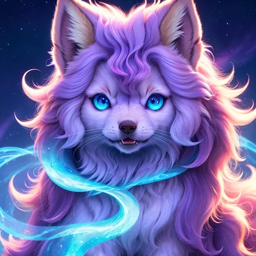 Prompt: {Alolan Vulpix}, growling, wolf, ice element, detailed artwork, portrait, 8k, detailed background, beautiful auroras, brilliant night sky, gleaming hypnotic purple eyes, mischievous, thick billowing mane, beautiful detailed eyes, golden ratio, perfect proportions, complementary colors, UHD