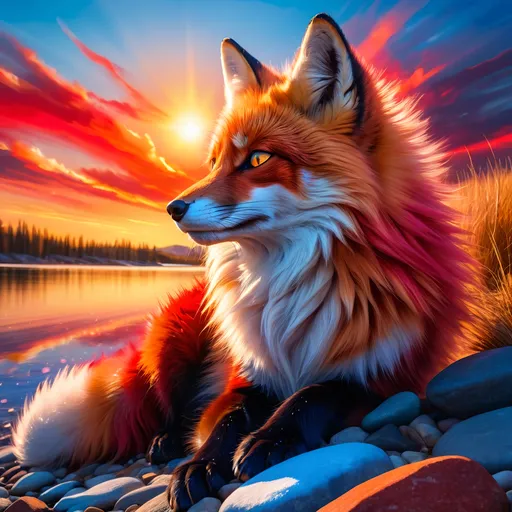 Prompt: young crimson fox prodigy with (solid crimson fur) and glowing {amber eyes}, feral, epic anime portrait, close up, fiery colors, brilliant sunrise, beautiful 8k eyes, deep starry sky, cosmic auroras, close up, fine oil painting, intense, low angle view, soft HD fur, frosted fur, (unsheathed claws), visible claws, 64k, hyper detailed, expressive, intense, elegant, graceful, silky extravagant mane, deep blue sky, colorful stones, glistening scarlet fur, sprawled at a lake shore, golden ratio, precise, perfect proportions, vibrant, lying by a sun-bathed lake, hyper detailed, complementary colors, UHD, HDR, top quality artwork, beautiful detailed background, unreal 5, artstaion, deviantart, instagram, professional, masterpiece