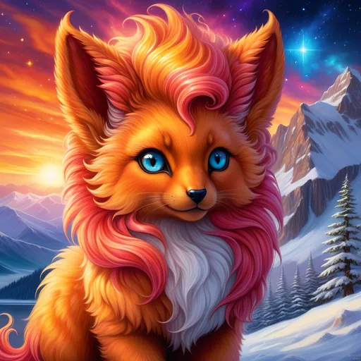 Prompt: {Vulpix}, gleaming hypnotic {amber eyes}, flame, fire element, feral, frost, detailed artwork, beautiful oil painting, 64k, detailed background, lakeside, deep starry sky, lush cliffside, brilliant sunrise sky, big black ears, beautiful {black muzzle}, luxurious {crimson pelt}, big beautiful 8k eyes, mischievous, vivid colors, thick fluffy fur, glowing fiery aura, fire princess, bashful rosy cheeks, timid, bright rosy cheeks, thick billowing mane, intricately detailed fur, beautiful detailed eyes, , by Anne Stokes, golden ratio, perfect proportions, vibrant, hyper detailed, complementary colors, UHD, beautiful detailed background