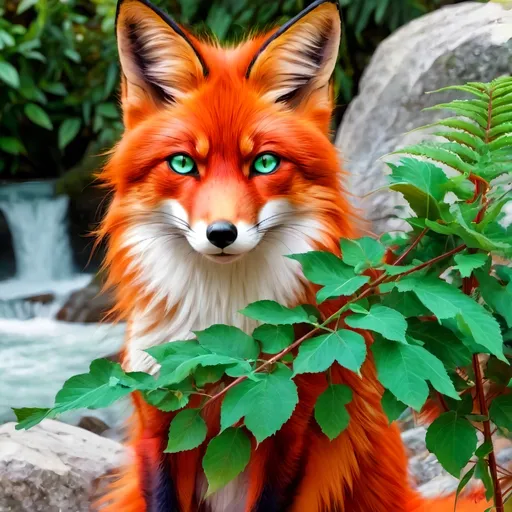 Prompt: portrait. ofa stunning beautiful fox with {shiny garnet and crimson fur} and {crisp mint green eyes}, feral, kitsune, nine-tailed fox, quadruped, young vixen, gorgeous anime portrait, intense cartoon, beautiful 8k eyes, elegant {scarlet and garnet fur}, {pelt looks like a vixen fox}, fine oil painting, stunning, gorgeous, back view, gazing at viewer, fire element, wind element,  beaming fiery green eyes, (raised tail:2.5), glistening scarlet fur, draped in ferns, windstorm, fire element, 64k, hyper detailed, expressive, witty, graceful, beautiful, expansive silky mane, crystal mountain cave, secluded crystal lake, crystal waterfall, golden ratio, precise, perfect proportions, vibrant, standing majestically on a tall crystal stone, hyper detailed, complementary colors, UHD, HDR, top quality artwork, beautiful detailed background, unreal 5, artstaion, deviantart, instagram, professional, masterpiece