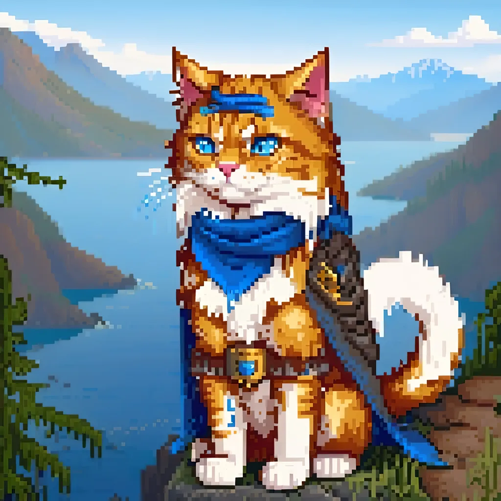 Prompt: beautiful cat warrior with golden fur and blue eyes, feral cat, wearing blue scarf, detailed lakeside background, distant cliffs in background