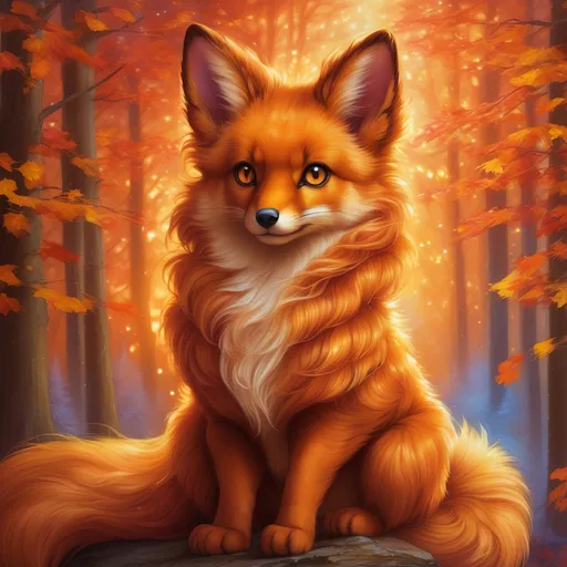 Prompt: {Vulpix}, gleaming hypnotic {chocolate brown eyes}, flame, fire element, feral, frost, detailed artwork, beautiful oil painting, 64k, detailed background, aspen leaves, deep starry sky, lush cliffside, brilliant sunrise sky, big golden ears, beautiful {golden brown muzzle}, luxurious {golden brown pelt}, big beautiful 8k eyes, mischievous, vivid colors, thick fluffy fur, glowing fiery aura, fire princess, bashful rosy cheeks, timid, bright rosy cheeks, thick billowing mane, intricately detailed fur, beautiful detailed eyes, , by Anne Stokes, golden ratio, perfect proportions, vibrant, hyper detailed, complementary colors, UHD, beautiful detailed background