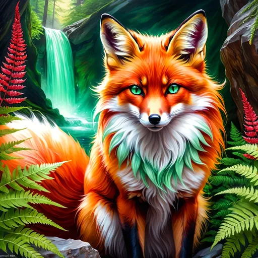 Prompt: portrait of a stunning beautiful fox with {shiny garnet and crimson fur} and {crisp mint green eyes}, feral, kitsune, nine-tailed fox, quadruped, young vixen, gorgeous anime portrait, intense cartoon, beautiful 8k eyes, elegant {scarlet and garnet fur}, {pelt looks like a vixen fox}, fine oil painting, stunning, gorgeous, back view, gazing at viewer, fire element, wind element,  beaming fiery green eyes, (raised tail:2.5), glistening scarlet fur, draped in ferns, windstorm, fire element, 64k, hyper detailed, expressive, witty, graceful, detailed watercolor style on soft paper, beautiful, expansive silky mane, crystal mountain cave, secluded crystal lake, crystal waterfall, golden ratio, precise, perfect proportions, vibrant, standing majestically on a tall crystal stone, hyper detailed, complementary colors, UHD, HDR, top quality artwork, beautiful detailed background, unreal 5, artstaion, deviantart, instagram, professional, masterpiece