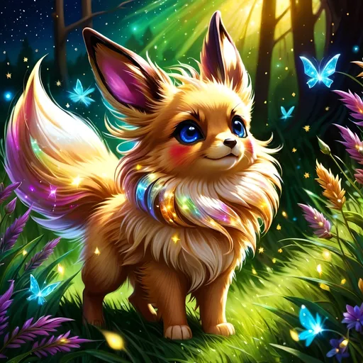 Prompt: (best quality: 1.5), (high quality:1.5), (intricate detail: 1.5), painting of an insanely beautiful magical Eevee, furry, fuzzy, happy, jubilant, magical, fairy dust, twinkling, bright colors, sparkling fur, shimmering, glistening, fairy dust in fur, dancing, running through a field, glistening golden fur, sparkling eyes, cute fangs, cute, vivid colors, vibrant colors, up close, close up, auroras, super fluffy, aurora halo, surreal, UHD, horizontal background, professional shading, 3D painting, ultra realistic fur, depth, running toward viewer, insanely detailed background, detailed fantasy style, insanely detailed fur, ultra detailed illustration, immaculate fur, fantasy, flying, professional digital painting, expressive face, beautiful eyes, 8k eyes, artstation, deviantart, Anne Stokes, trending, hyper detailed, stunning, breathtaking, beautiful, graceful, ethereal, enchanting, enchanted grassland, sparkling fireflies, breezy summer night, starry sky, 8k, 16k, 64k, unreal engine, perfect pose, golden ratio, symmetric, perfect proportions