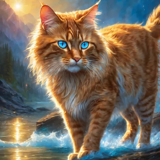 Prompt: warrior cat with silk blue fur and crystal blue eyes, young male cat, epic anime portrait, beautiful 8k eyes, fine oil painting, intense, lunging at viewer, wearing shiny bracelet, worm's eye view, zoomed out view of character,  (unsheathed claws), visible claws, 64k, hyper detailed, expressive, intense, hissing cat, aggressive, intelligent, lithe, small, covered in scratches and scars, thick billowing mane, glistening golden fur, golden ratio, precise, perfect proportions, vibrant, prowling by a sun-bathed river, hyper detailed, complementary colors, UHD, HDR, top quality artwork, beautiful detailed background, unreal 5, artstaion, deviantart, instagram, professional, masterpiece