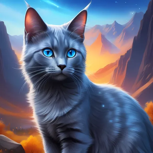 Prompt: warrior cat with {russian blue fur} and {crystal blue eyes}, senior she-cat, Erin Hunter, gorgeous anime portrait, beautiful cartoon, 2d cartoon, beautiful 8k eyes, elegant {blue fur}, pronounced scar on chest, fine oil painting, modest, gazing at viewer, beaming blue eyes, brilliant cosmic auroras, glistening blue fur, low angle view, zoomed out view of character, 64k, hyper detailed, expressive, timid, graceful, beautiful, expansive silky mane, golden ratio, precise, perfect proportions, vibrant, standing majestically on a tall crystal stone, hyper detailed, complementary colors, UHD, HDR, top quality artwork, beautiful detailed background, unreal 5, artstaion, deviantart, instagram, professional, masterpiece