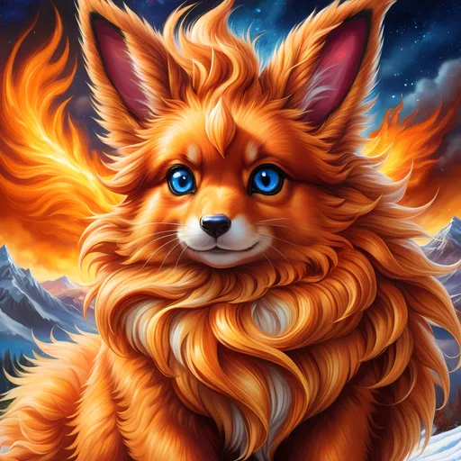 Prompt: {Flareon}, brilliant {blue eyes}, flame, fire element, feral, detailed artwork, beautiful oil painting, 64k, detailed background, snowy field, frost, deep starry sky, brilliant sunrise sky, big golden ears, beautiful dark muzzle, big beautiful 8k eyes, brave, vivid colors, thick fluffy fur, glowing fiery aura, thick billowing mane, intricately detailed fur, beautiful detailed eyes, , by Anne Stokes, golden ratio, perfect proportions, vibrant, hyper detailed, complementary colors, UHD, beautiful detailed background