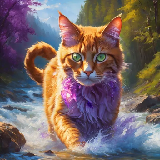 Prompt: warrior cat with lilac fur and amethyst eyes, young male cat, epic anime portrait, beautiful 8k eyes, fine oil painting, intense, lunging at viewer, wearing shiny bracelet, worm's eye view, zoomed out view of character,  (unsheathed claws), visible claws, 64k, hyper detailed, expressive, intense, hissing cat, aggressive, intelligent, lithe, small, covered in scratches and scars, thick billowing mane, glistening golden fur, golden ratio, precise, perfect proportions, vibrant, prowling by a sun-bathed river, splashing, hyper detailed, dynamic, complementary colors, UHD, HDR, top quality artwork, beautiful detailed background, unreal 5, artstaion, deviantart, instagram, professional, masterpiece