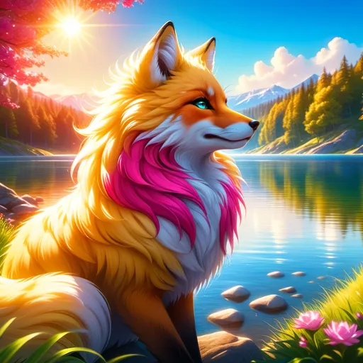 Prompt: beautiful young golden fox prodigy with (white-gold fur) and glowing {ruby magenta eyes}, {sky blue paws and ears, curly blue hair}, feral, epic anime portrait, close up, sunny colors, brilliant sunrise, beautiful 8k eyes, light fluffy clouds, lush verdant greenery, close up, fine oil painting, low angle view, soft HD fur, (unsheathed claws), visible claws, 64k, hyper detailed, expressive, energetic, vibrant, fluffy mane, petite, deep blue sky, colorful stones, glistening golden fur, bashful rosy cheeks, sprawled at a lake shore, golden ratio, precise, perfect proportions, vibrant colors, vivid colors, lying by a sun-bathed lake, hyper detailed, complementary colors, UHD, HDR, top quality artwork, beautiful detailed background, unreal 5, artstaion, deviantart, instagram, professional, masterpiece