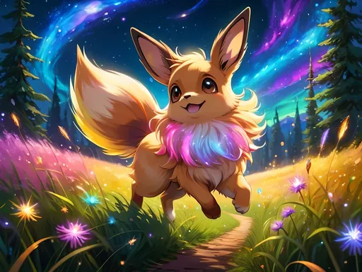 Prompt: (best quality: 1.5), (high quality:1.5), (intricate detail: 1.5), painting of an insanely beautiful magical Eevee, furry, fuzzy, happy, jubilant, magical, fairy dust, twinkling, bright colors, sparkling fur, fairy dust in fur, dancing, running through a field, cute, vivid colors, vibrant colors, auroras, aurora halo, surreal, UHD, horizontal background, professional shading, running toward viewer, insanely detailed background, insanely detailed fur, ultra detailed illustration, immaculate fur, fantasy, flying, professional digital painting, expressive face, beautiful eyes, 8k eyes, artstation, deviantart, trending, hyper detailed, stunning, breathtaking, beautiful, graceful, ethereal, enchanting, enchanted grassland, sparkling fireflies, breezy summer night, starry sky, 8k, 16k, 64k, unreal engine, perfect pose, golden ratio, symmetric, perfect proportions