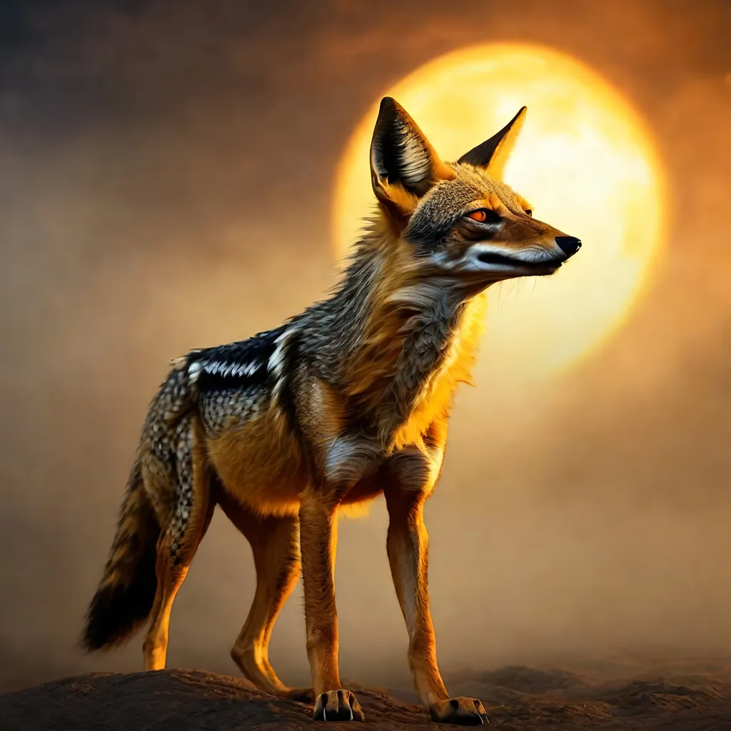 Prompt: epic {black backed jackal} howling at {golden moon}, billowing wild fur, haunting orange eyes, 64k, realistic, photograph, spooky, haunting, foggy, studio lighting, highly detailed, intricately detailed, hyper realism, cinematic, highly detailed background, finely detailed fur