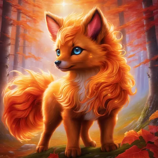 Prompt: {Vulpix}, gleaming hypnotic {garnet brown eyes}, flame, fire element, feral, frost, detailed artwork, beautiful oil painting, 64k, detailed background, aspen leaves, deep starry sky, lush cliffside, brilliant sunrise sky, big golden ears, big beautiful 8k eyes, mischievous, vivid colors, thick fluffy fur, glowing fiery aura, fire princess, bashful rosy cheeks, timid, bright rosy cheeks, thick billowing mane, intricately detailed fur, beautiful detailed eyes, , by Anne Stokes, golden ratio, perfect proportions, vibrant, hyper detailed, complementary colors, UHD, beautiful detailed background