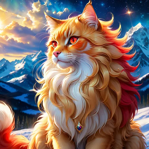 Prompt: warrior (cat) with {red fur} and {ruby red eyes}, feral cat, by Erin Hunter, gorgeous anime portrait, beautiful cartoon, beautiful 8k eyes, elegant {red fur}, pronounced scar on chest, oil painting, modest, gazing at viewer, fiery red eyes, glistening golden fur, low angle view, 64k, hyper detailed, expressive, graceful, beautiful, expansive silky golden mane, shining fur, deep starry sky, UHD background, golden ratio, precise, perfect proportions, vibrant colors, standing majestically on a tall crystal stone, hyper detailed, complementary colors, UHD, HDR, top quality art, beautiful detailed background, unreal 5, artstaion, deviantart, instagram, professional, masterpiece