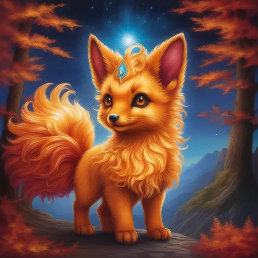 Prompt: {Vulpix}, gleaming hypnotic {garnet brown eyes}, flame, fire element, feral, frost, detailed artwork, beautiful oil painting, 64k, detailed background, aspen leaves, luxurious gold fur, golden muzzle, deep starry sky, lush cliffside, brilliant sunrise sky, big golden ears, big beautiful 8k eyes, mischievous, vivid colors, thick fluffy fur, glowing fiery aura, fire princess, bashful rosy cheeks, timid, bright rosy cheeks, thick billowing mane, intricately detailed fur, beautiful detailed eyes, , by Anne Stokes, golden ratio, perfect proportions, vibrant, hyper detailed, complementary colors, UHD, beautiful detailed background