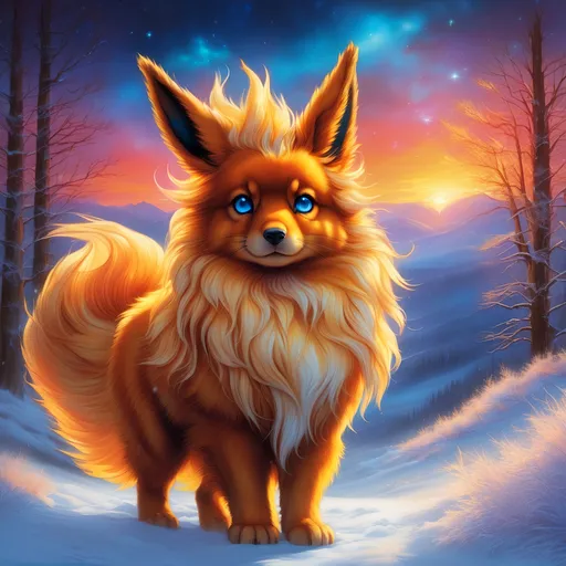 Prompt: {Flareon}, brilliant {blue eyes}, flame, fire element, feral, detailed artwork, beautiful oil painting, 64k, detailed background, snowy field, frost, deep starry sky, brilliant sunrise sky, big golden ears, beautiful dark muzzle, big beautiful 8k eyes, brave, vivid colors, thick fluffy fur, glowing fiery aura, thick billowing mane, intricately detailed fur, beautiful detailed eyes, , by Anne Stokes, golden ratio, perfect proportions, vibrant, hyper detailed, complementary colors, UHD, beautiful detailed background