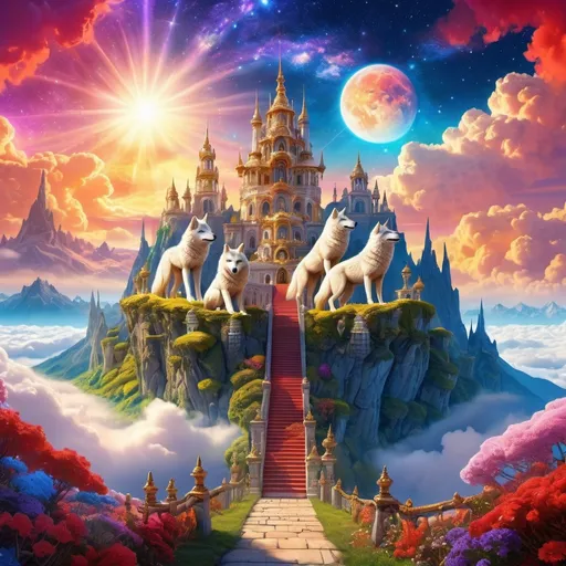 Prompt: professional landscape of an {enormous fantasy celestial palace} atop a mountain, above the clouds, golden skies, 64k, highly detailed, sharp focus, vibrant colors, bright enchanted fairytale garden, vivid colors, vast starry sky, UHD, vivid colors, guarded by {fierce glowing white wolves with red eyes}, highly detailed background