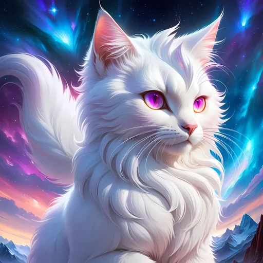 Prompt: clawmaster cat with {white fur} and {amethyst purple eyes}, elder female cat, cosmic auroras, Erin Hunter, gorgeous anime portrait, beautiful cartoon, 2d cartoon, beautiful 8k eyes, elegant {white fur}, glossy sheen fur, pronounced scar on chest, fine oil painting, modest, gazing at viewer, beaming red eyes, glistening red fur, low angle view, zoomed out view of character, 64k, hyper detailed, expressive, timid, graceful, beautiful, expansive silky mane, deep starry sky, golden ratio, precise, perfect proportions, vibrant, standing majestically on a tall crystal stone, hyper detailed, complementary colors, UHD, HDR, top quality artwork, beautiful detailed background, unreal 5, artstaion, deviantart, instagram, professional, masterpiece