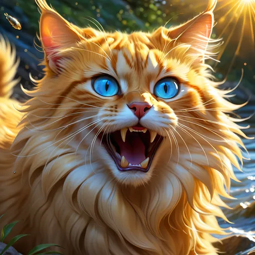 Prompt: warrior cat with pearl-gold fur and sapphire blue eyes, Erin Hunter, young male cat, epic anime portrait, beautiful 8k eyes, fine oil painting, intense, lunging at viewer, wearing shiny bracelet, worm's eye view, zoomed out view of character,  (unsheathed claws), visible claws, 64k, hyper detailed, expressive, intense, hissing cat, aggressive, intelligent, lithe, small, covered in scratches and scars, thick billowing mane, glistening golden fur, golden ratio, precise, perfect proportions, vibrant, prowling by a sun-bathed river, hyper detailed, complementary colors, UHD, HDR, top quality artwork, beautiful detailed background, unreal 5, artstaion, deviantart, instagram, professional, masterpiece