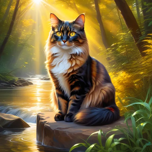 Prompt: warrior cat with {dark tortoiseshell fur} and bright {yellow eyes}, small young beautiful she-cat, epic anime portrait, beautiful 8k eyes, fine oil painting, serene, gazing at viewer, wearing shiny bracelet, lush fantasy forest, surrounded by herbs, 64k, hyper detailed, expressive, intelligent, small, smooth silky fur, thick silky mane, glistening golden fur, golden ratio, precise, perfect proportions, vibrant, sitting by a sun-bathed river, hyper detailed, dynamic, complementary colors, UHD, HDR, top quality artwork, beautiful detailed background, unreal 5, artstaion, deviantart, instagram, professional, masterpiece