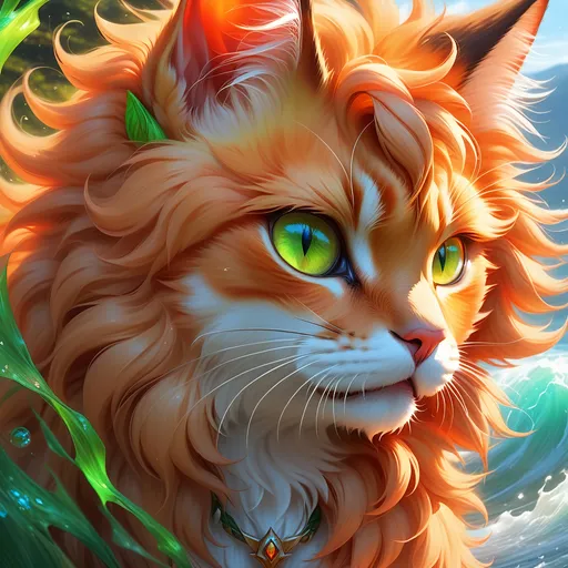 Prompt: warrior cat with {fiery orange fur} and bright green eyes, young male cat, epic anime portrait, beautiful 8k eyes, fine oil painting, intense, lunging at viewer, wearing shiny bracelet, solid red belly, worm's eye view, zoomed out view of character,  (unsheathed claws), visible claws, 64k, hyper detailed, expressive, intense, hissing cat, aggressive, intelligent, lithe, small, covered in scratches and scars, thick billowing mane, glistening golden fur, golden ratio, precise, perfect proportions, vibrant, prowling by a sun-bathed river, hyper detailed, dynamic, complementary colors, UHD, HDR, top quality artwork, beautiful detailed background, unreal 5, artstaion, deviantart, instagram, professional, masterpiece