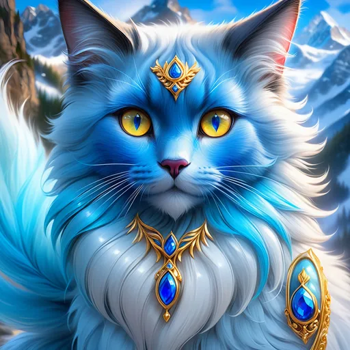 Prompt: warrior cat with {russian blue fur} and {crystal blue eyes}, senior she-cat, Erin Hunter, gorgeous anime portrait, beautiful cartoon, 2d cartoon, beautiful 8k eyes, elegant {blue fur}, pronounced scar on chest, fine oil painting, modest, gazing at viewer, beaming blue eyes, glistening blue fur, low angle view, zoomed out view of character, 64k, hyper detailed, expressive, timid, graceful, beautiful, expansive silky mane, golden ratio, precise, perfect proportions, vibrant, standing majestically on a tall crystal stone, hyper detailed, complementary colors, UHD, HDR, top quality artwork, beautiful detailed background, unreal 5, artstaion, deviantart, instagram, professional, masterpiece