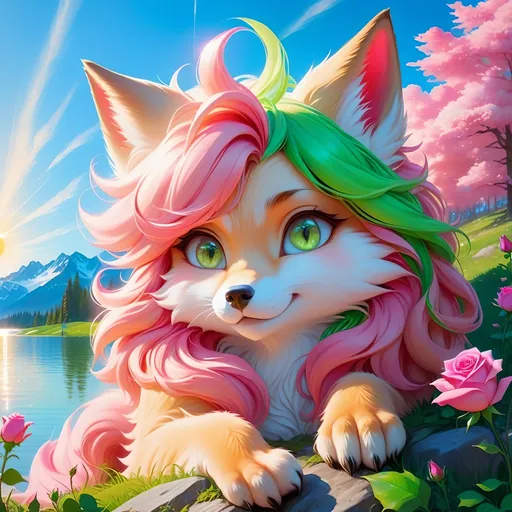 Prompt: ((pink and green)), (best quality), (masterpiece, (high quality), beautiful young pink fox prodigy with (rose pink fur) and glowing (green eyes), feral, epic anime portrait, close up, sunny colors, brilliant sunrise, beautiful 8k eyes, light fluffy clouds, lush verdant greenery, close up, fine oil painting, low angle view, soft HD fur, (unsheathed claws), visible claws, 64k, hyper detailed, expressive, energetic, vibrant, fluffy mane, petite, deep blue sky, colorful stones, glistening golden fur, bashful rosy cheeks, sprawled at a lake shore, golden ratio, precise, perfect proportions, vibrant colors, vivid colors, lying by a sun-bathed lake, hyper detailed, complementary colors, UHD, HDR, top quality artwork, beautiful detailed background, unreal 5, artstaion, deviantart, instagram, professional, masterpiece