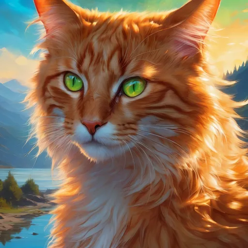 warrior cat with {fiery orange fur} and bright green... | OpenArt
