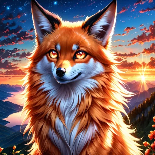 Prompt: (best quality:1.5), (high quality:1.5), (masterpiece:1.5), stunning beautiful 2D anime portrait of (Vixey dancing:2), Fox and Hound, with (gleaming bright fur:2) and (sparkling eyes:2), close up, on hind legs, dazzling eyes, crystalline glassy dazzling fur, glassy dazzling tail, sparkling fur highlights, huge beautiful sparkling eyes, surreal, incredibly detailed fur highlights, Pokemon anime, incredibly detailed face, fire element, fiery maw, beautiful defined detailed paws, gorgeous anime portrait, soft lighting, studio lighting,  magic fur highlights, extremely smooth fur texture, beautiful 8k eyes, layers of incredibly detailed mountains, wild, nature, close up with sparkling eyes in sharp focus, magical, ethereal, enchanted, highly detailed face, fine anime painting, fire element, stunning, cute, majestic, {coils of long curly silky hair on forehead}, raised tail, gorgeous, gazing at viewer, {bushy silky tail}, beaming eyes, curious eyes, lively, vibrant, vivid colors, confident, lake shore sunrise, perfect reflection, shimmering, beautifully defined legs, beautiful detailed defined shading, french curves, professional shading, sharply focused clouds, highly detailed jagged mountain vista, brilliant sunrise sky, (horizontal background), 64k, hyper detailed, expressive, beautiful, {golden ratio}, symmetric, accurate anatomy, precise, perfect proportions, vibrant, standing majestically on a mountain, hyper detailed, complementary colors, UHD, HDR, top quality artwork, beautiful detailed background, unreal 5, artstaion, deviantart, instagram, professional, 16k