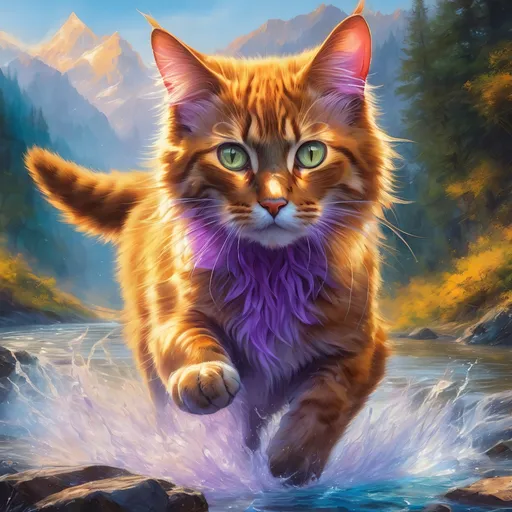 Prompt: warrior cat with lilac fur and silver eyes, young male cat, epic anime portrait, beautiful 8k eyes, fine oil painting, intense, lunging at viewer, wearing shiny bracelet, worm's eye view, zoomed out view of character,  (unsheathed claws), visible claws, 64k, hyper detailed, expressive, intense, hissing cat, aggressive, intelligent, lithe, small, covered in scratches and scars, thick billowing mane, glistening golden fur, golden ratio, precise, perfect proportions, vibrant, prowling by a sun-bathed river, splashing, hyper detailed, dynamic, complementary colors, UHD, HDR, top quality artwork, beautiful detailed background, unreal 5, artstaion, deviantart, instagram, professional, masterpiece