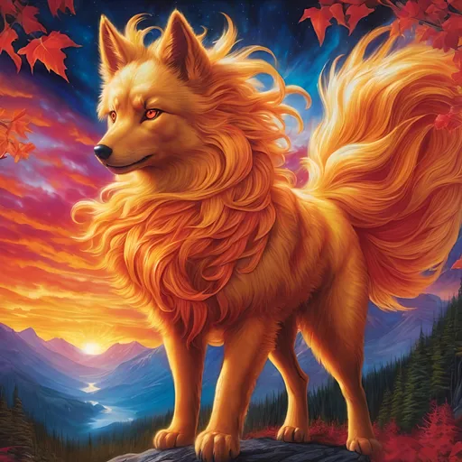 Prompt: remove leg, {Ninetales}, gleaming hypnotic {ruby red eyes}, flame, fire element, feral, detailed artwork, beautiful oil painting, 64k, detailed background, aspen leaves, deep starry sky, lush frosted cliffside, brilliant sunrise sky, big golden ears, big beautiful 8k eyes, mischievous, vivid colors, thick fluffy fur, glowing fiery aura, fire princess, bashful rosy cheeks, timid, bright rosy cheeks, thick billowing mane, intricately detailed fur, beautiful detailed eyes, , by Anne Stokes, golden ratio, perfect proportions, vibrant, hyper detailed, complementary colors, UHD, beautiful detailed background