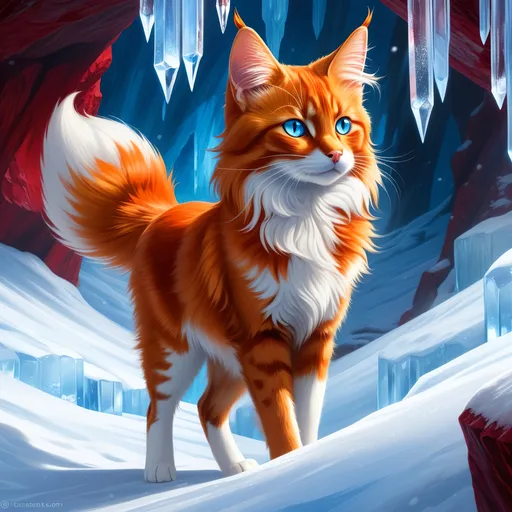 Prompt: warrior cat with {shiny red fur} and {ice blue eyes}, feral, quadruped, young she-cat, by Erin Hunter, gorgeous anime portrait, intense cartoon, beautiful 8k eyes, elegant {scarlet and garnet fur}, {pelt looks like a vixen fox}, fine oil painting, stunning, gorgeous, gazing at viewer, beaming blue eyes, glistening scarlet fur, snowstorm, ice element, 64k, hyper detailed, expressive, witty, graceful, beautiful, expansive silky mane, crystal mountain cave, golden ratio, precise, perfect proportions, vibrant, standing majestically on a tall crystal stone, hyper detailed, complementary colors, UHD, HDR, top quality artwork, beautiful detailed background, unreal 5, artstaion, deviantart, instagram, professional, masterpiece