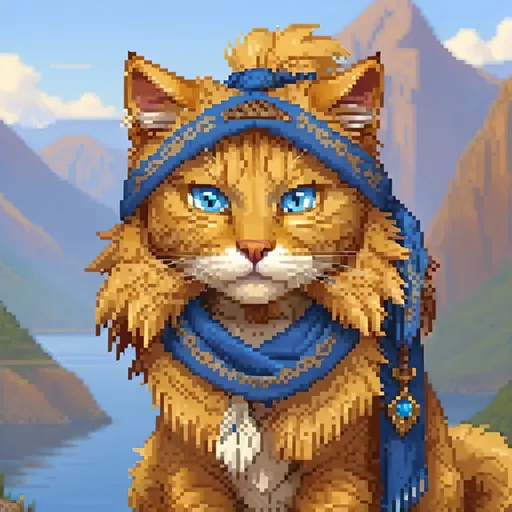 beautiful cat warrior with golden fur and blue eyes,...