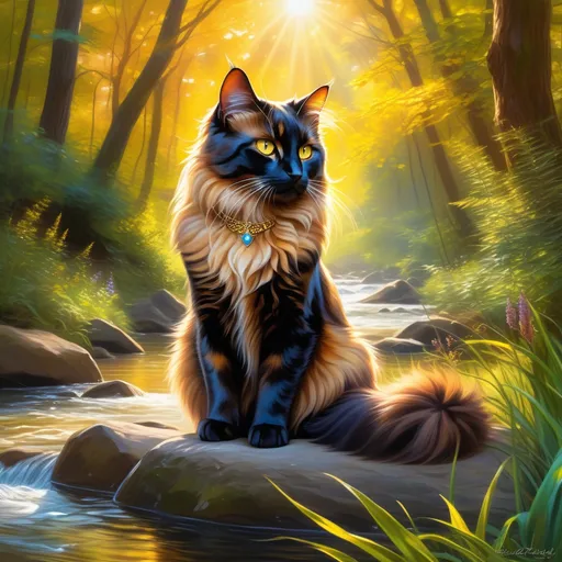 Prompt: warrior cat with {dark tortoiseshell fur} and bright {yellow eyes}, small young beautiful she-cat, epic anime portrait, beautiful 8k eyes, fine oil painting, serene, gazing at viewer, wearing shiny bracelet, lush fantasy forest, surrounded by herbs, 64k, hyper detailed, expressive, intelligent, small, smooth silky fur, thick silky mane, glistening golden fur, golden ratio, precise, perfect proportions, vibrant, sitting by a sun-bathed river, hyper detailed, dynamic, complementary colors, UHD, HDR, top quality artwork, beautiful detailed background, unreal 5, artstaion, deviantart, instagram, professional, masterpiece