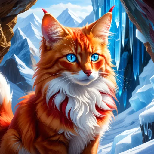 Prompt: warrior cat with {shiny red fur} and {ice blue eyes}, feral, quadruped, young she-cat, by Erin Hunter, gorgeous anime portrait, intense cartoon, beautiful 8k eyes, elegant {scarlet and garnet fur}, {pelt looks like a vixen fox}, fine oil painting, stunning, gorgeous, gazing at viewer, beaming blue eyes, glistening scarlet fur, snowstorm, ice element, 64k, hyper detailed, expressive, witty, graceful, beautiful, expansive silky mane, crystal mountain cave, golden ratio, precise, perfect proportions, vibrant, standing majestically on a tall crystal stone, hyper detailed, complementary colors, UHD, HDR, top quality artwork, beautiful detailed background, unreal 5, artstaion, deviantart, instagram, professional, masterpiece
