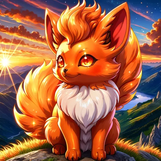 Prompt: (best quality:1.5), (high quality:1.5), (masterpiece:1.5), stunning beautiful 2D anime portrait of (fire Vulpix) with (gleaming bright fur:2) and (sparkling brown eyes:2), close up, dazzling eyes, crystalline glossy dazzling white fur, glassy dazzling tails, sparkling fur highlights, huge beautiful sparkling eyes, many tails, surreal, incredibly detailed fur highlights, multiple tails, Pokemon anime, incredibly detailed Vulpix face, six distinct lush tails, fire element, fiery maw, Vulpix tails, beautiful defined detailed paws, gorgeous anime portrait, magic fur highlights, visible tails, beautiful tails, extremely smooth fur texture, beautiful 8k eyes, kitsune, layers of incredibly detailed mountains, wild, nature, close up with sparkling eyes in sharp focus, magical, ethereal, enchanted, highly detailed face, fine anime painting, fire element, stunning, cute, curious, majestic, {coils of long curly silky hair on forehead}, raised tails, gorgeous, gazing at viewer, {long silky tails}, beaming eyes, curious eyes, lake shore sunrise, perfect reflection, shimmering, beautifully defined legs, beautiful detailed defined shading, french curves, professional shading, sharply focused clouds, highly detailed jagged mountain vista, brilliant sunrise sky, (horizontal background), 64k, hyper detailed, expressive, beautiful, {golden ratio}, symmetric, accurate anatomy, precise, perfect proportions, vibrant, standing majestically on a mountain, hyper detailed, complementary colors, UHD, HDR, top quality artwork, beautiful detailed background, unreal 5, artstaion, deviantart, instagram, professional, 16k