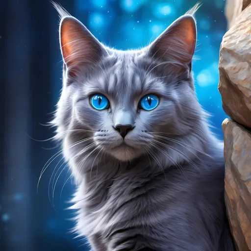 Prompt: warrior cat with {russian blue fur} and {crystal blue eyes}, senior she-cat, Erin Hunter, gorgeous anime portrait, beautiful cartoon, 2d cartoon, beautiful 8k eyes, elegant {blue fur}, pronounced scar on chest, fine oil painting, modest, gazing at viewer, beaming blue eyes, glistening blue fur, low angle view, zoomed out view of character, 64k, hyper detailed, expressive, timid, graceful, beautiful, expansive silky mane, golden ratio, precise, perfect proportions, vibrant, standing majestically on a tall stone, hyper detailed, complementary colors, UHD, HDR, top quality artwork, beautiful detailed background, unreal 5, artstaion, deviantart, instagram, professional, masterpiece