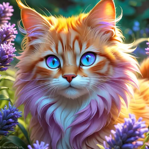 Prompt: warrior cat with {lavender fur} and {crystal blue eyes}, young she-cat, gorgeous anime portrait, beautiful cartoon, 2d cartoon, beautiful 8k eyes, elegant {colorful lavender fur}, fine oil painting, modest, gazing at viewer, worm's eye view, frosted flowers, zoomed out view of character, wears a bracelet, 64k, hyper detailed, expressive, timid, graceful, beautiful, expansive silky mane, golden ratio, precise, perfect proportions, vibrant, tanning by a sun-bathed river, hyper detailed, complementary colors, UHD, HDR, top quality artwork, beautiful detailed background, unreal 5, artstaion, deviantart, instagram, professional, masterpiece