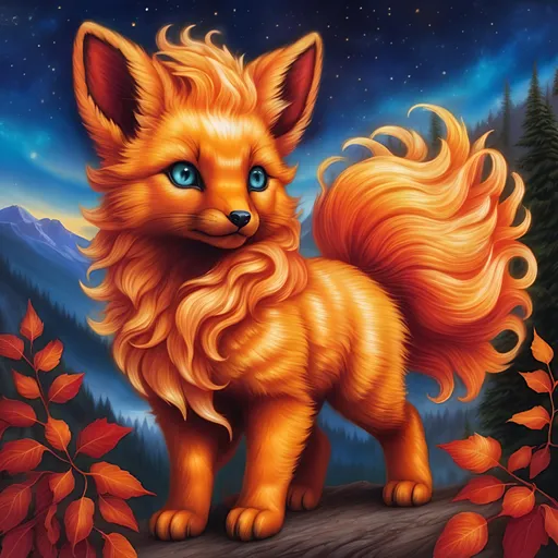 Prompt: remove paw, {Vulpix}, gleaming hypnotic {garnet brown eyes}, flame, fire element, feral, frost, detailed artwork, beautiful oil painting, 64k, detailed background, aspen leaves, deep starry sky, lush cliffside, brilliant sunrise sky, big golden ears, big beautiful 8k eyes, mischievous, vivid colors, thick fluffy fur, glowing fiery aura, fire princess, bashful rosy cheeks, timid, bright rosy cheeks, thick billowing mane, intricately detailed fur, beautiful detailed eyes, , by Anne Stokes, golden ratio, perfect proportions, vibrant, hyper detailed, complementary colors, UHD, beautiful detailed background