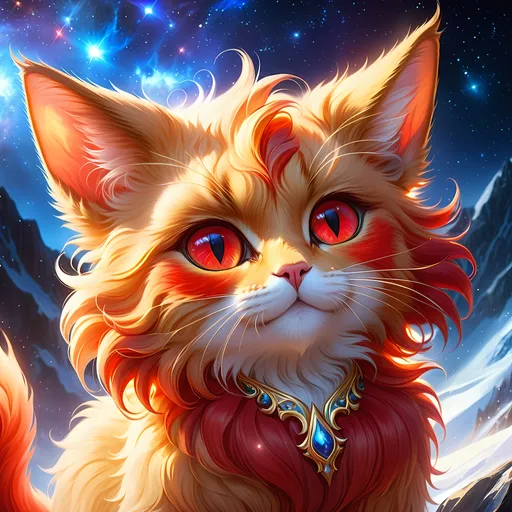 Prompt: champion cat with {gleaming gold fur} and {ruby red eyes}, young female cat prodigy, fire element, flame, Erin Hunter, gorgeous anime portrait, beautiful cartoon, 2d cartoon, beautiful 8k eyes, elegant {red fur}, glossy sheen fur, pronounced scar on chest, fine oil painting, modest, gazing at viewer, beaming red eyes, glistening red fur, low angle view, zoomed out view of character, 64k, hyper detailed, expressive, timid, graceful, beautiful, expansive silky mane, deep starry sky, golden ratio, precise, perfect proportions, vibrant, standing majestically on a tall crystal stone, hyper detailed, complementary colors, UHD, HDR, top quality artwork, beautiful detailed background, unreal 5, artstaion, deviantart, instagram, professional, masterpiece