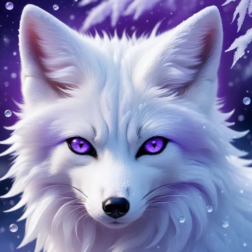 Prompt: ice elemental fox, feral fox, kyubi no kitsune, nine-tailed fox, sparkling snow white fur, deep purple eyes, soft moonlight, silver muzzle, forever young vixen, gazing at viewer, looking backward, insanely beautiful, stunning, gorgeous, enchanting, beautiful 8k eyes, absurdly powerful element, timid, falling snow, shattered ice, frosted lavender fur, vivid, vibrant UHD, HDR, three-quarter portrait, detailed watercolor style on soft paper, sharp focus, masterpiece, complementary colors, symmetric, golden ratio, cool colors, artstation, instagram, trending, 64k, absurd resolution