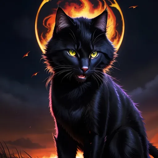 Prompt: feral ((cat)) with jet black fur and scarlet eyes, tom cat, young apprentice, Erin Hunter, epic anime portrait, beautiful 8k eyes, fine oil painting, intense, wearing shiny bracelet, low angle view, zoomed out view of character,  (unsheathed claws), visible claws, 64k, hyper detailed, expressive, intense, heroic, friendly, aggressive yet compassionate, determined, brawny, thick billowing mane, glistening black fur, prowling through a twilight forest, golden ratio, precise, perfect proportions, vibrant, hyper detailed, complementary colors, UHD, HDR, top quality artwork, beautiful detailed background, unreal 5, artstaion, deviantart, instagram, professional, masterpiece