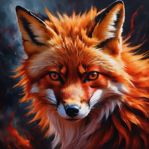 Prompt: Angry fox painting, oil painting, detailed fur with fiery tones, intense and fierce gaze, high quality, realistic, vibrant colors, fiery red and orange tones, dramatic lighting, UHD