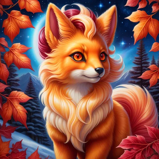 Prompt: Bronze {Vulpix}, {copper fur}, gleaming hypnotic (garnet brown eyes:1.5), flame, fire element, feral, frost, detailed artwork, beautiful oil painting, 64k, detailed background, aspen leaves, deep starry sky, lush cliffside, brilliant sunrise sky, big golden ears, beautiful dark muzzle, big beautiful 8k eyes, mischievous, vivid colors, thick fluffy fur, glowing fiery aura, fire princess, bashful rosy cheeks, timid, bright rosy cheeks, thick billowing mane, intricately detailed fur, beautiful detailed eyes, , by Anne Stokes, golden ratio, perfect proportions, vibrant, hyper detailed, complementary colors, UHD, beautiful detailed background