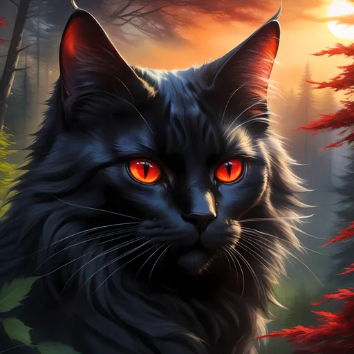 Prompt: warrior cat with jet black fur and scarlet eyes, tom cat, young apprentice, epic anime portrait, beautiful 8k eyes, fine oil painting, intense, wearing shiny bracelet, low angle view, zoomed out view of character,  (unsheathed claws), visible claws, 64k, hyper detailed, expressive, intense, heroic, friendly, aggressive yet compassionate, brawny, thick billowing mane, glistening black fur, prowling through a twilight forest,  golden ratio, precise, perfect proportions, vibrant, prowling by a sun-bathed river, hyper detailed, complementary colors, UHD, HDR, top quality artwork, beautiful detailed background, unreal 5, artstaion, deviantart, instagram, professional, masterpiece