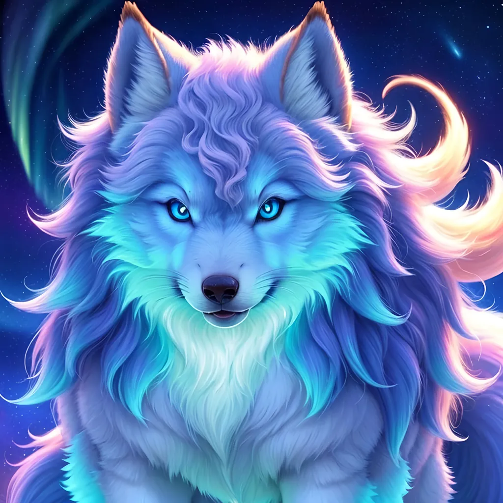 Prompt: {Alolan Vulpix}, growling, wolf, ice element, detailed artwork, portrait, 8k, detailed background, auroras, brilliant night sky, mischievous, thick billowing mane