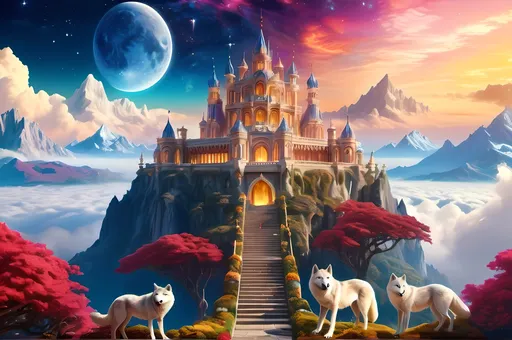 Prompt: professional landscape of an {enormous fantasy celestial palace} atop a mountain, above the clouds, golden skies, 64k, highly detailed, sharp focus, vibrant colors, bright enchanted fairytale garden, vivid colors, vast starry sky, UHD, vivid colors, guarded by {fierce glowing white wolves with red eyes}, highly detailed background