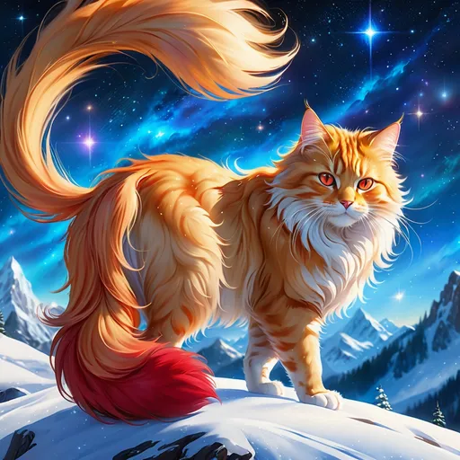 Prompt: clawmaster (cat) with {red fur} and {ruby red eyes}, feral cat, by Erin Hunter, gorgeous anime portrait, beautiful cartoon, beautiful 8k eyes, elegant {red fur}, pronounced scar on chest, oil painting, modest, gazing at viewer, fiery red eyes, glistening golden hair, furry golden paws, low angle view, 64k, hyper detailed, expressive, graceful, beautiful, small lithe cat, expansive silky golden mane, shining fur, deep starry sky, UHD background, golden ratio, precise, perfect proportions, vibrant colors, standing majestically on a tall crystal stone, hyper detailed, complementary colors, UHD, HDR, top quality art, beautiful detailed background, unreal 5, artstaion, deviantart, instagram, professional, masterpiece