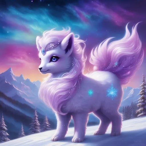 Prompt: {Alolan Vulpix}, gleaming hypnotic {amethyst purple eyes}, frost, ice element, detailed artwork, beautiful oil painting, 64k, detailed background, cosmic auroras, deep starry sky, lush cliffside, snowy mountain peaks, brilliant night sky, big purple ears, big beautiful 8k eyes, mischievous, vivid colors, thick fluffy fur, glowing ice aura, snow princess, bashful rosy cheeks, timid, bright rosy cheeks, thick billowing mane, intricately detailed fur, beautiful detailed eyes, , by Anne Stokes, golden ratio, perfect proportions, vibrant, hyper detailed, complementary colors, UHD, beautiful detailed background