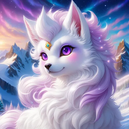 Prompt: {Alolan Vulpix}, gleaming hypnotic {amethyst purple eyes}, frost, ice element, detailed artwork, beautiful oil painting, 64k, detailed background, cosmic auroras, deep starry sky, lush cliffside, snowy mountain peaks, brilliant night sky, big purple ears, big beautiful 8k eyes, mischievous, vivid colors, thick fluffy fur, glowing ice aura, snow princess, bashful rosy cheeks, timid, bright rosy cheeks, thick billowing mane, intricately detailed fur, beautiful detailed eyes, , by Anne Stokes, golden ratio, perfect proportions, vibrant, hyper detailed, complementary colors, UHD, beautiful detailed background