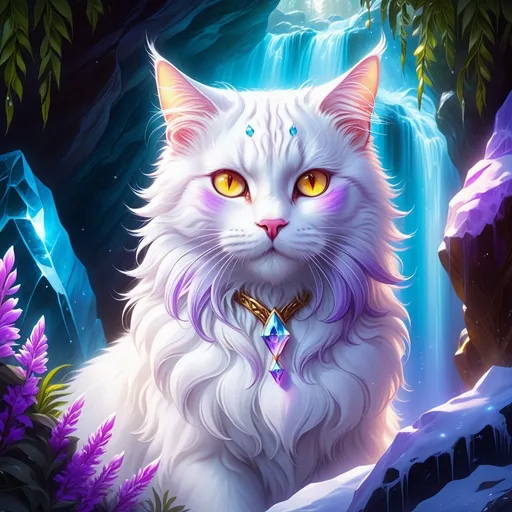 Prompt: fierce white cat with {shiny lilac fur} and {crisp amber brown eyes}, feral, quadruped, tomcat, warrior cats by Erin Hunter, gorgeous anime portrait, intense cartoon, beautiful 8k eyes, {pelt looks like auroras}, fine oil painting, brave, gentle, gazing at viewer, beaming eyes, crystal cave, crystal river, crystal waterfall in background, ice element, 64k, hyper detailed, expressive, bold, short frosted mane, crystal mountain cave, secluded crystal river, crystal waterfall, golden ratio, precise, perfect proportions, vibrant and vivid colors, standing majestically on a tall crystal stone, hyper detailed, complementary colors, UHD, HDR, top quality artwork, beautiful detailed background, unreal 5, artstaion, deviantart, instagram, professional, masterpiece